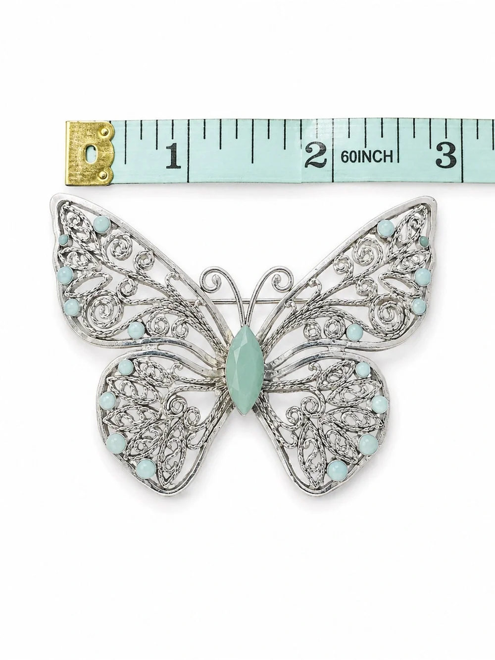 Vintage Monet Butterfly Brooch Silver‎ Tone Filigree Blue Cabochon Accent